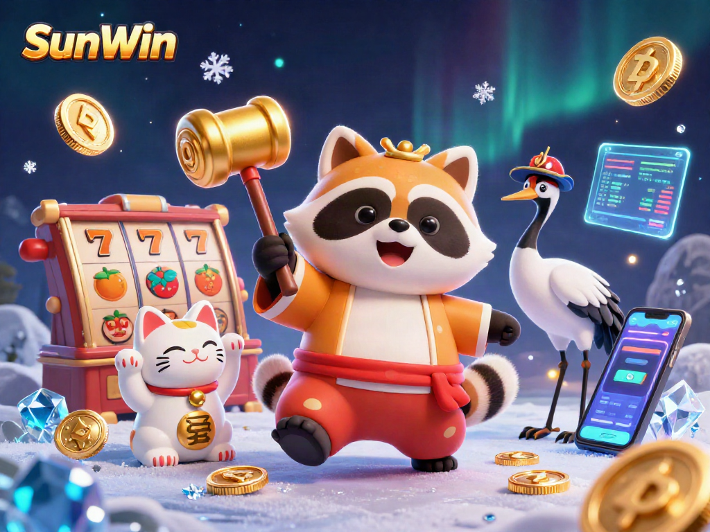 Engage with SunWin at a vibrant digital casino featuring a lucky tanuki and exciting gaming elements.