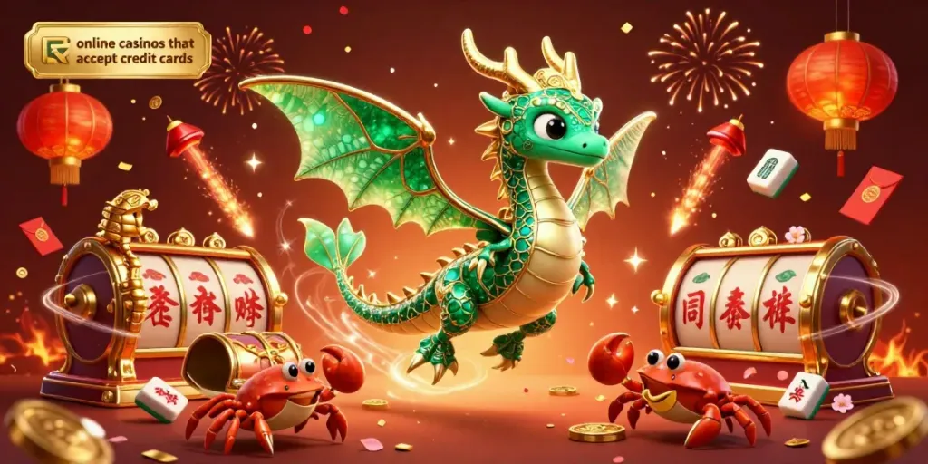 Discover online casinos that accept credit cards with vibrant crab and dragon characters in a festive 3D illustration.