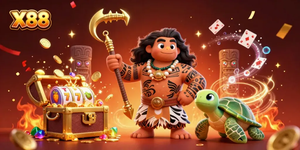 X88 enhances luck with a vibrant casino scene featuring a Polynesian demigod and riches.