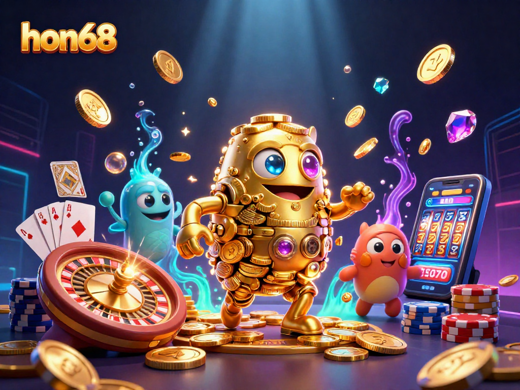 Engage with hon68's vibrant golden golem surrounded by cascading gems and coins in this immersive 3D scene.