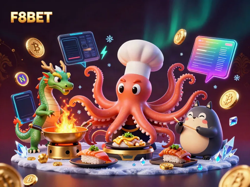 Experience F8BET gaming with vibrant characters and crypto elements in a 3D illustration.