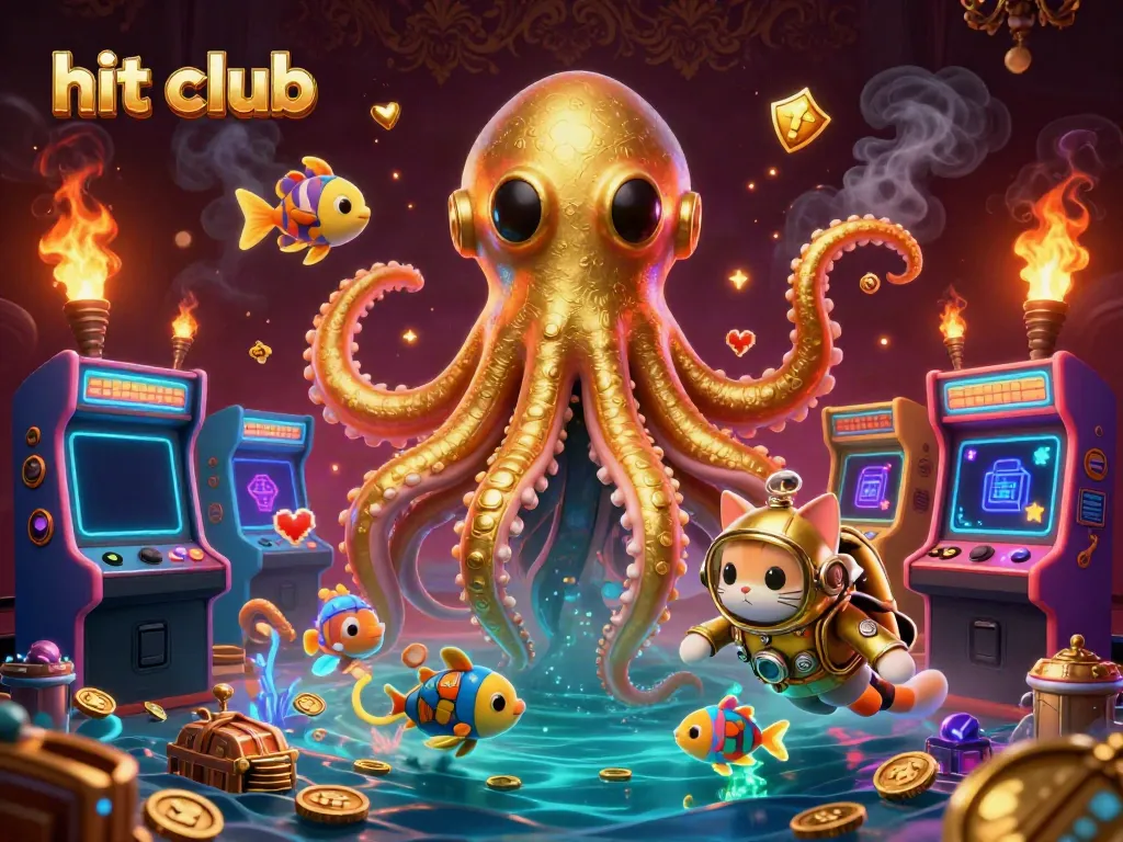 Experience the thrill of hit club gaming with kraken and diving cat in a vibrant casino illustration.