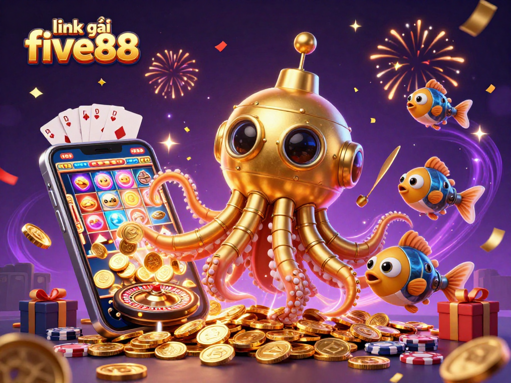 Experience thrilling gameplay with link vào five88 as a golden kraken submarine surfaces amidst golden coins.