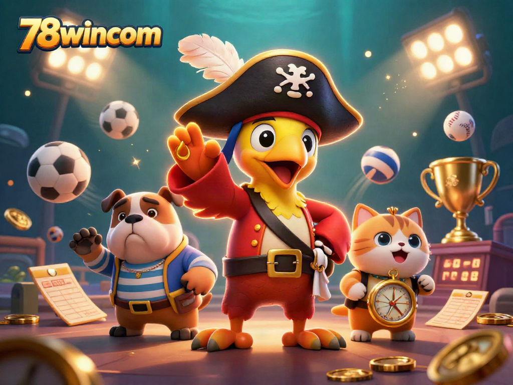Engage with 78wincom in this vibrant 3D illustration featuring a pirate captain and betting elements.
