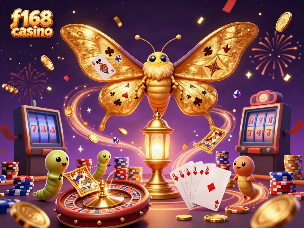 Experience the excitement of f168 casino with vibrant casino elements and a 3D moth in a dynamic scene.