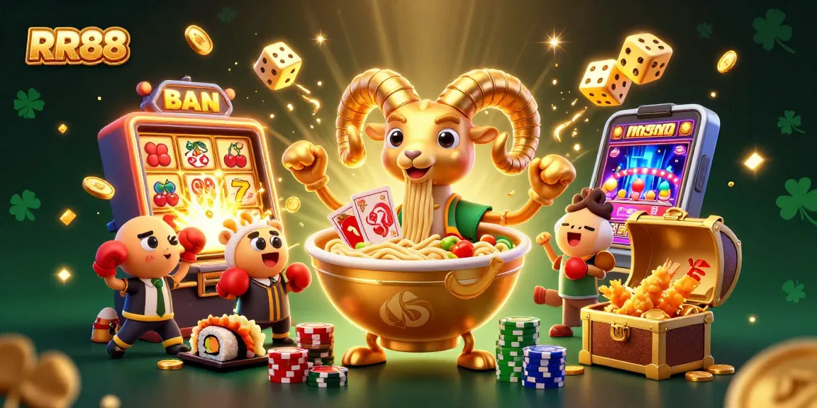 Engage with RR88's vibrant casino world featuring a golden ramen bowl and lucky symbols in a dynamic 3D scene.