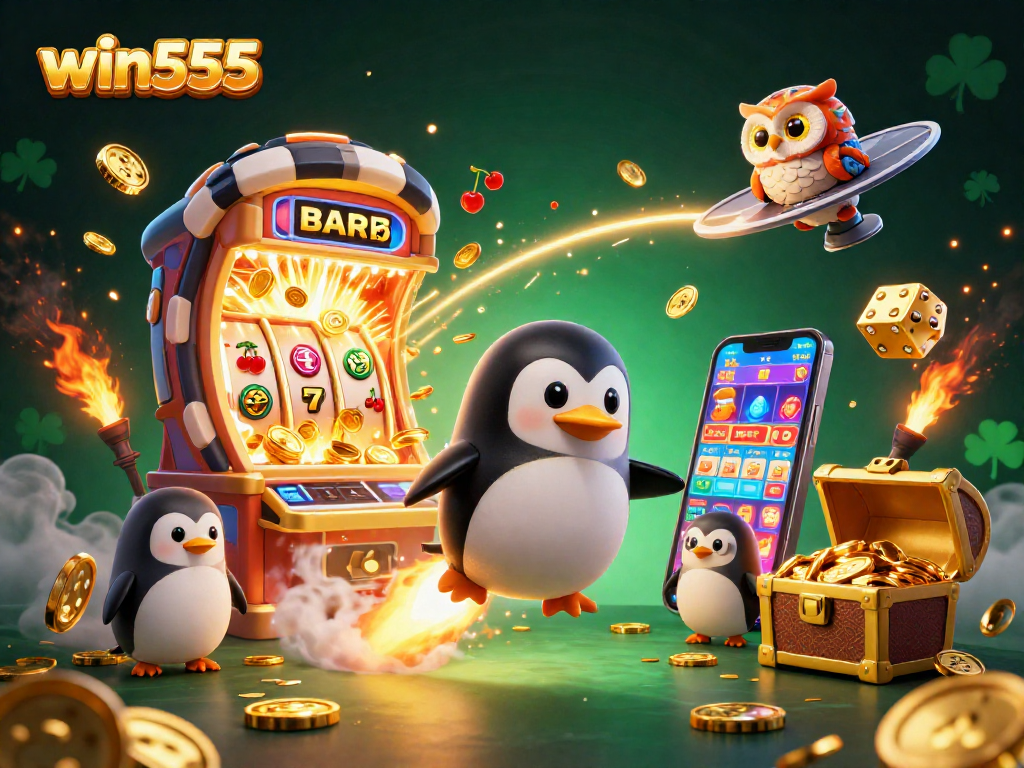 Experience the thrill of win555 with a golden penguin amid a jackpot explosion in this vibrant casino artwork.