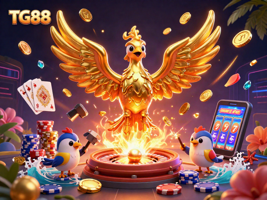 Experience the thrill of TG88 with a stunning 3D phoenix, coins flying, and vibrant casino elements.