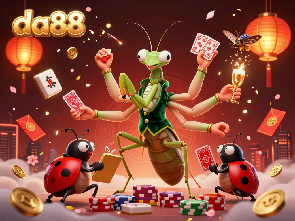 Engage with da88's vibrant casino atmosphere, featuring a dynamic mantis card sharp with lively game elements.