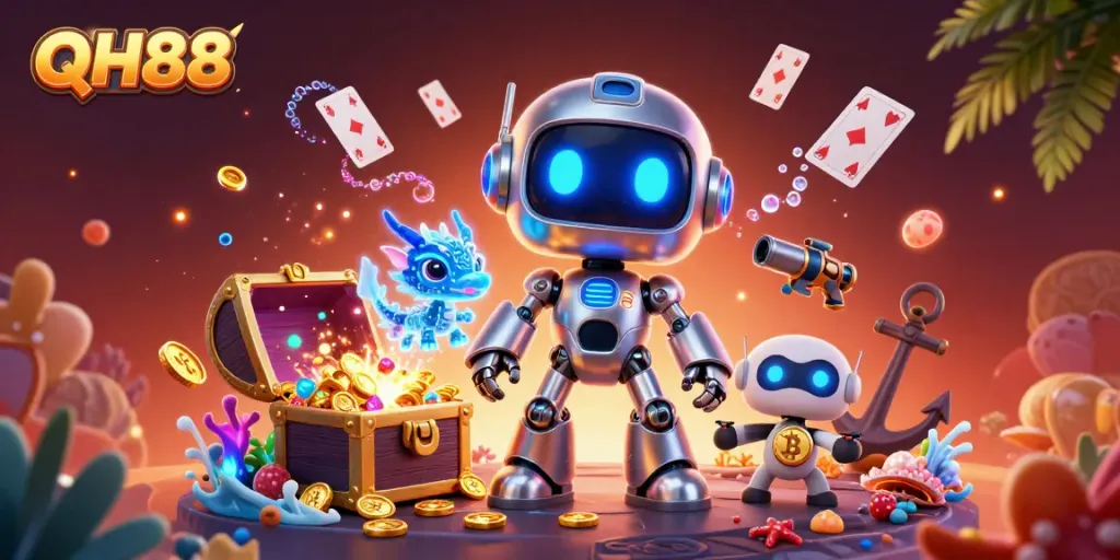 Engage in thrilling bets with QH88's vibrant 3D scene showcasing a cyberpunk mascot amidst casino elements.
