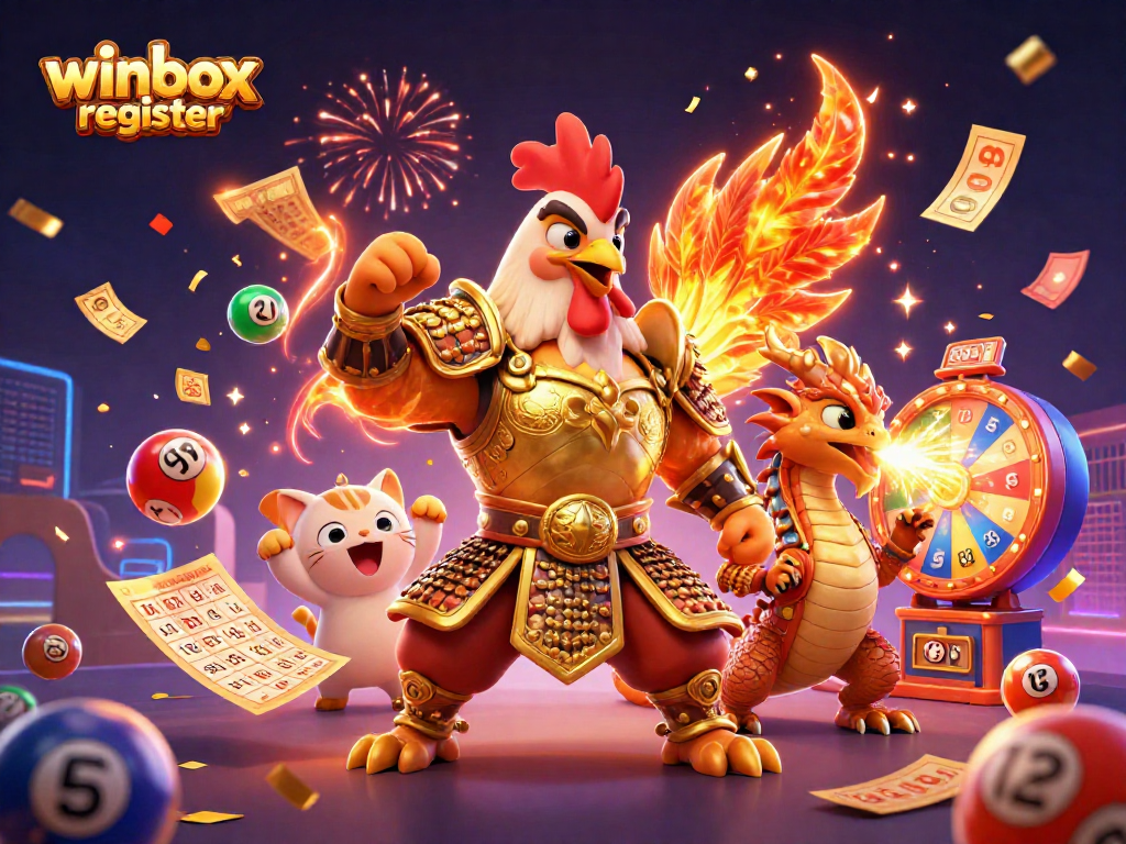 Winbox register interactive illustration featuring vibrant casino elements and characters in action.