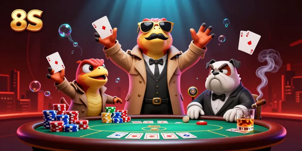 Raptors in a trench coat trying to sneak into a casino, themed around 8S.