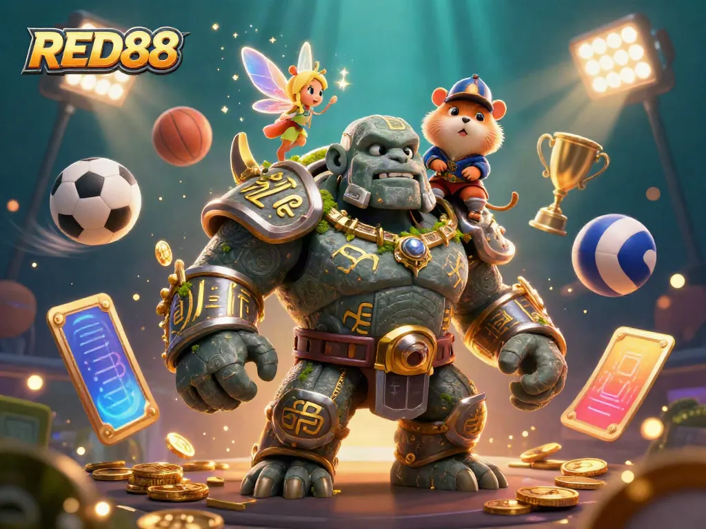 Join the excitement at RED88 with thrilling sports action and magic in a dynamic casino scene.