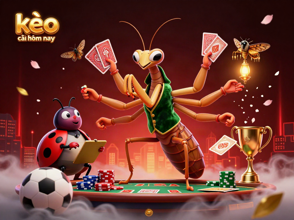 Kèo nhà cái hôm nay showcases a dynamic sports betting atmosphere with vibrant characters and gaming elements.