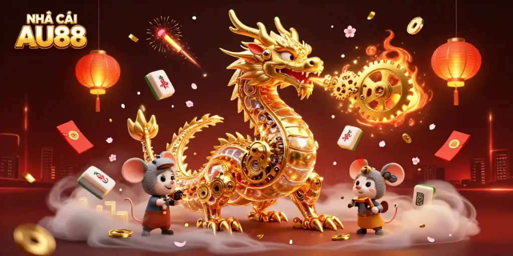 Engage with NHÀ CÁI AU88's exciting features featuring a dragon and gaming elements.
