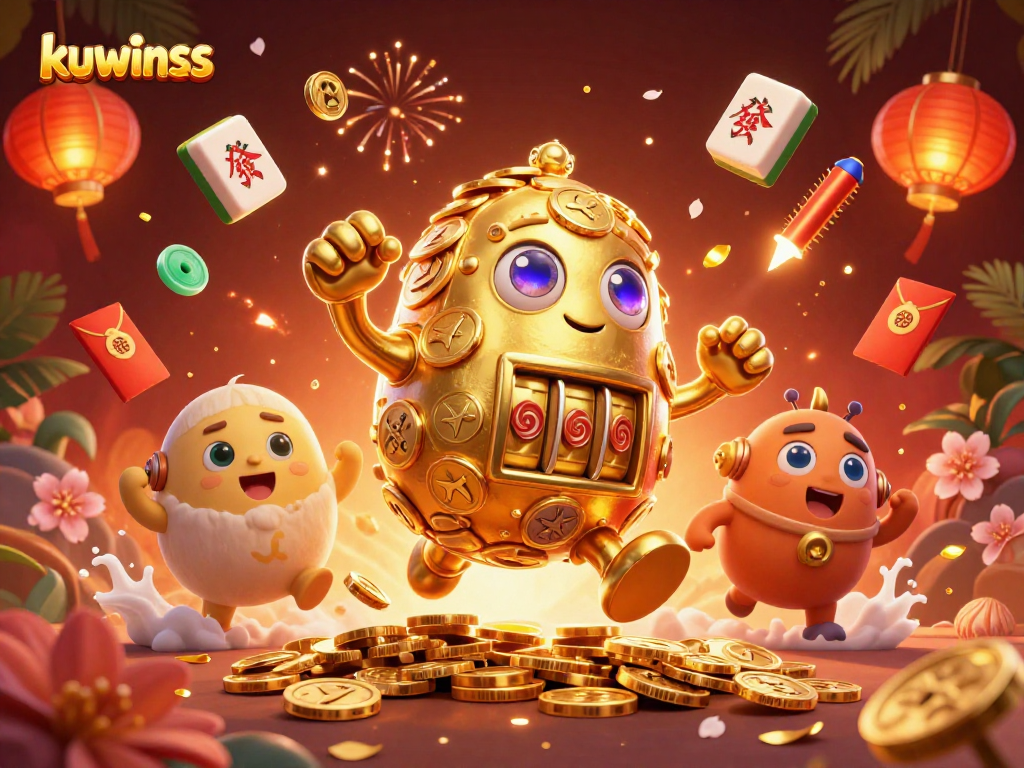 Kuwinss golem surrounded by festive casino elements, capturing the thrill of online gaming.