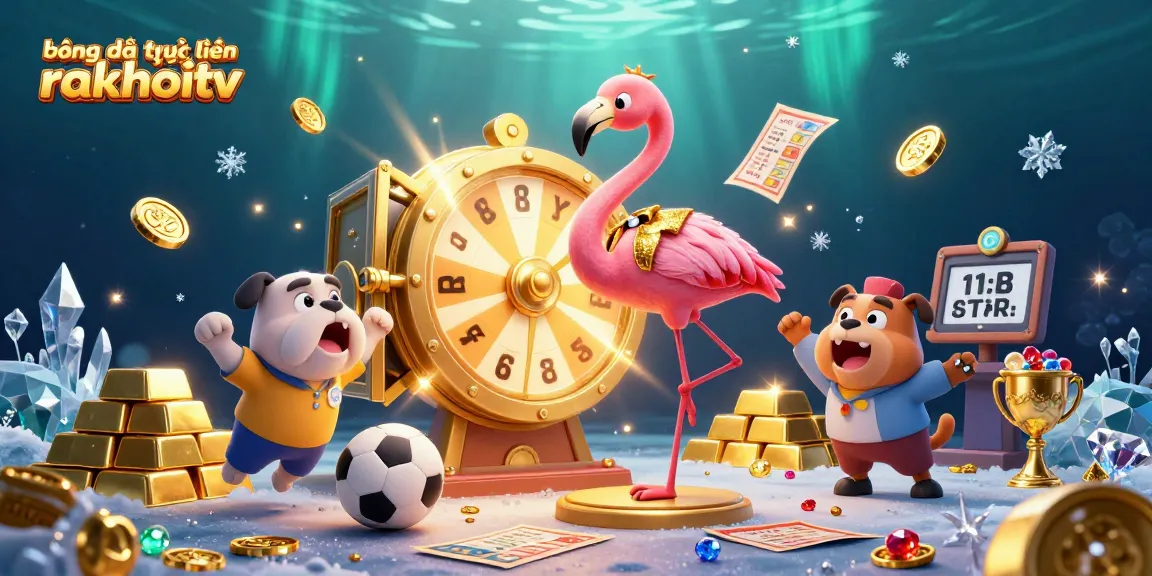 Bóng đá trực tuyến rakhoitv showcases an energetic scene with a flamingo game show host, excited bulldog contestant, and a cat assistant among gold and sports-themed elements.