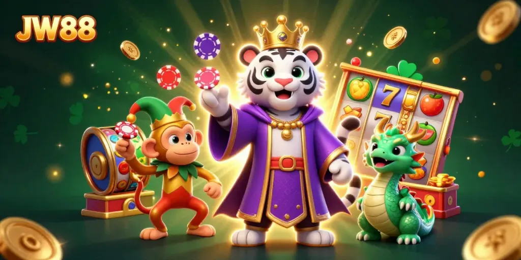 Experience thrilling slots at JW88 with a vibrant scene of a regal tiger, jester monkey, and slot machine elements.