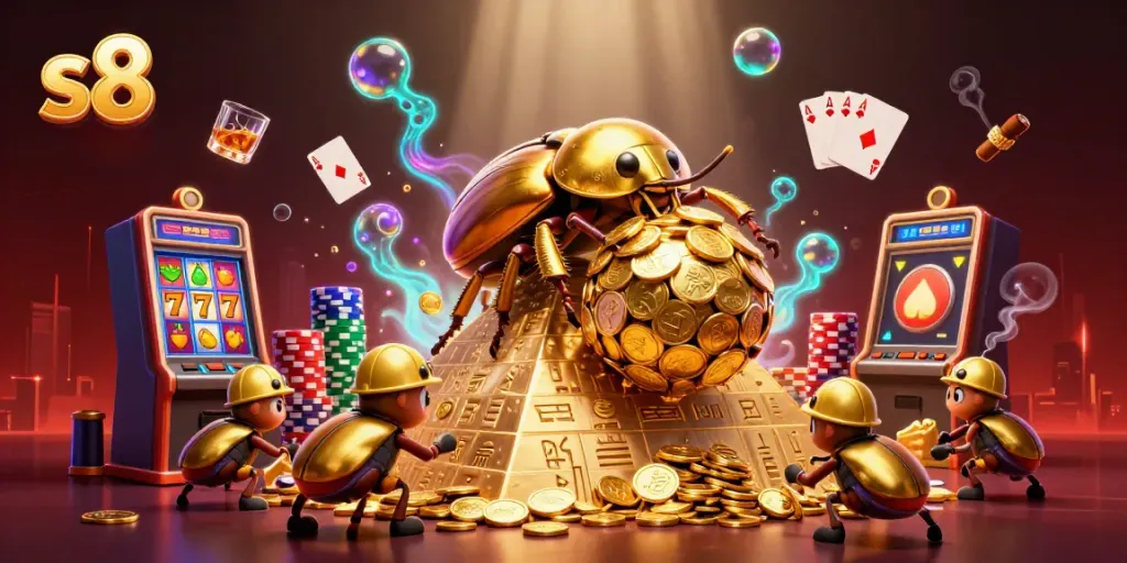 Experience thrilling gameplay at s8 with golden beetles rolling jackpots and poker chips.