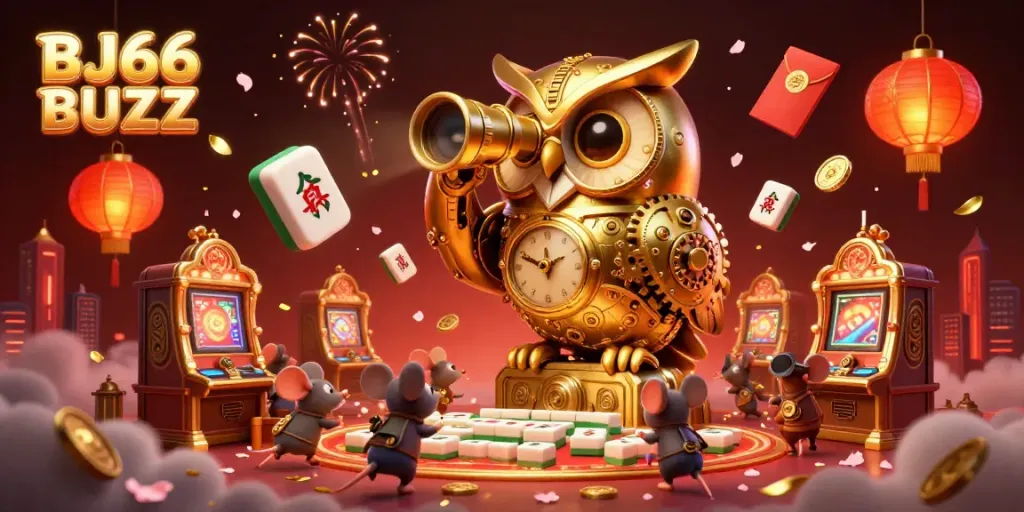 Uncover thrilling gameplay at BJ66 BUZZ, where a golden owl oversees bustling slot machines and vibrant game elements.