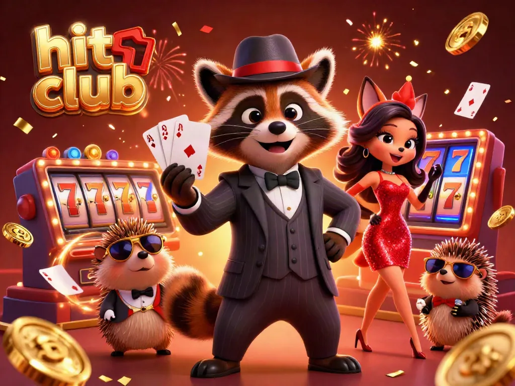 Experience the thrill with hit club's raccoon, fox, and hedgehog amid vibrant slot reels and confetti.