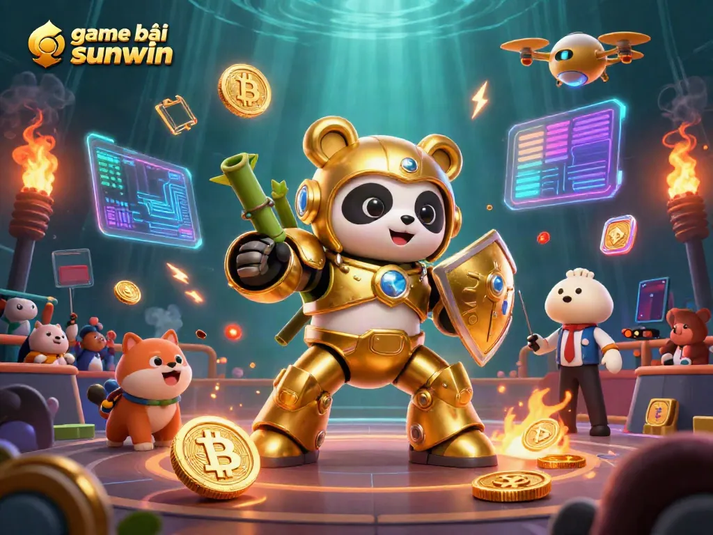 Play the exciting game bài sunwin with intense 3D action featuring a golden panda and vibrant crypto elements.