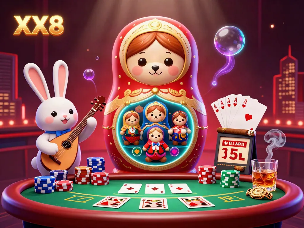 Experience the dynamic gambling scene with XX8 featuring cartoon bears and casino elements.