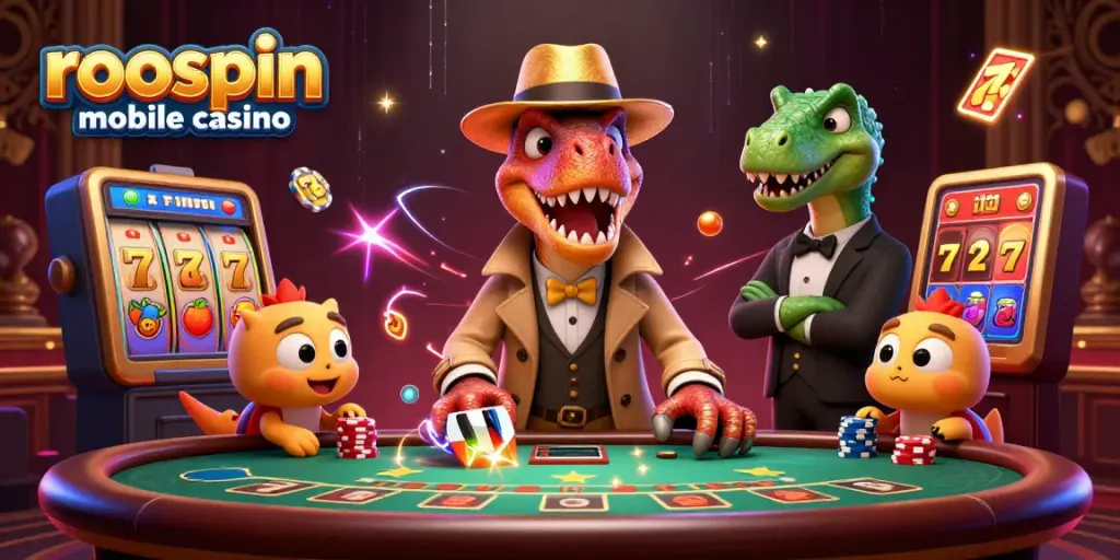Play at roospin mobile casino with a velociraptor card counter in action at a blackjack table.