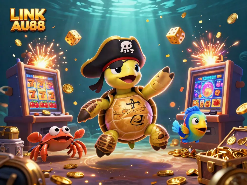 Engaging cartoon scene showcasing LINK AU88 with vibrant characters, slot machines, and treasure elements.