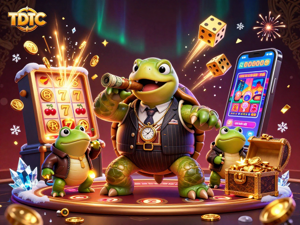 Experience the excitement of TDTC with a cartoon turtle mobster and dynamic casino elements.