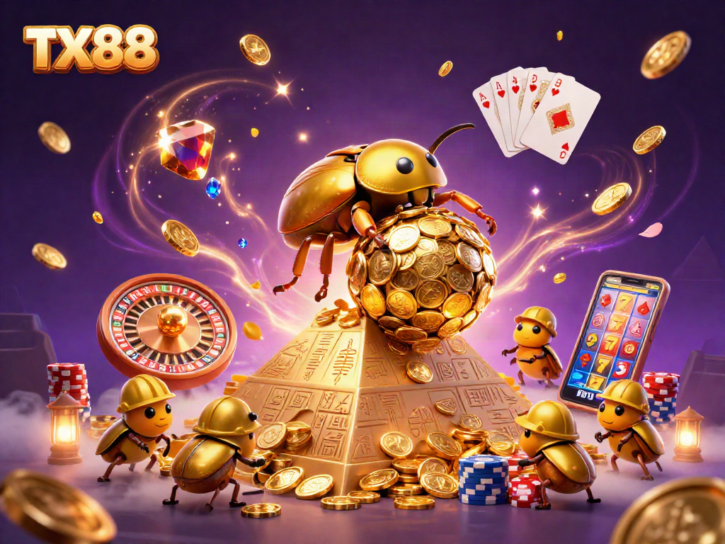Engage with TX88 as a golden dung beetle rolls lucky coins up a pyramidal casino!