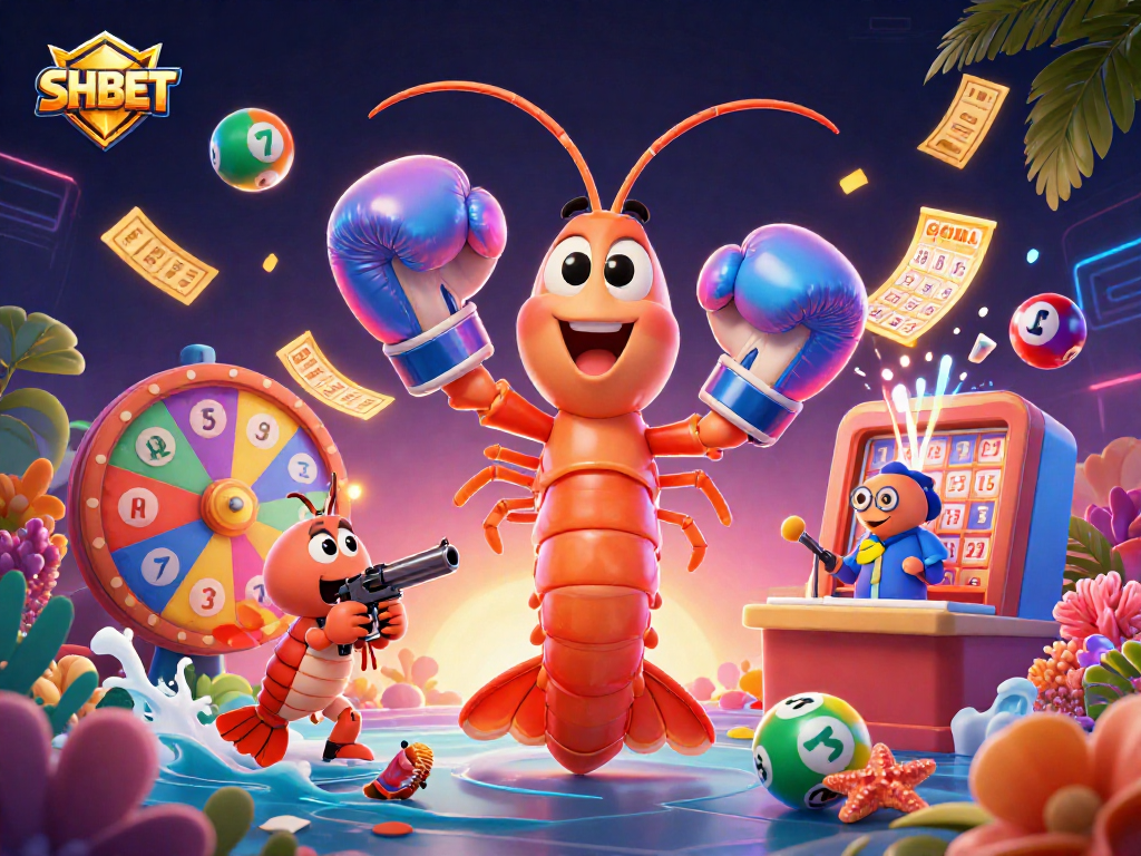 SHBET promotes vibrant lottery excitement with a dynamic 3D cartoon scene featuring colorful elements.