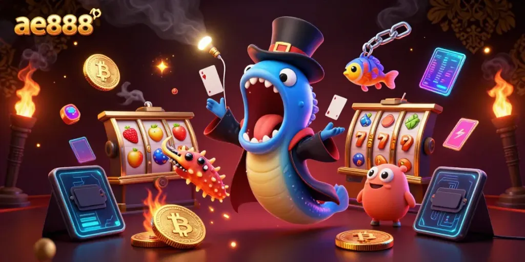 Experience exciting gameplay with ae888 showcasing vibrant slot machines and whimsical sea creatures performing magic tricks.