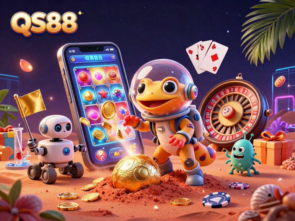 QS88 gaming excitement illustrated in a vibrant scene with a Martian gecko exploring a golden casino.
