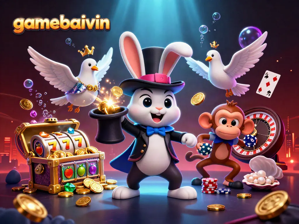 Experience gamebaivin with a magician rabbit, shimmering gold coins, and vibrant casino elements.