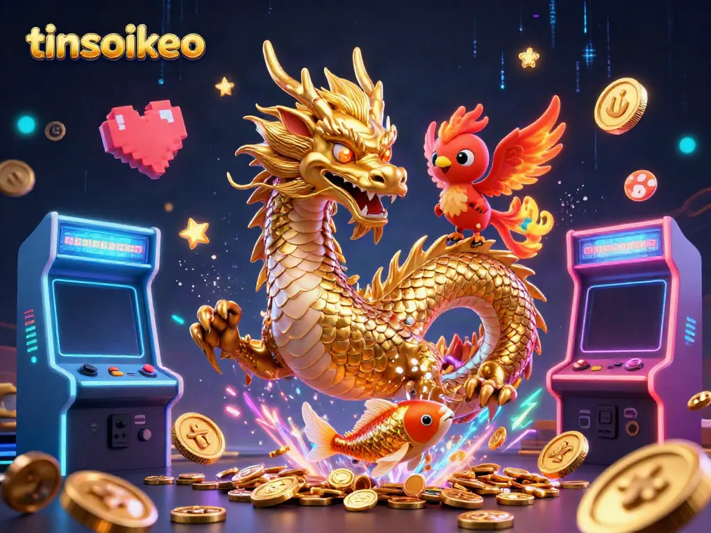 Experience thrilling gameplay with tinsoikeo, featuring a dynamic dragon and phoenix amidst vibrant casino elements.