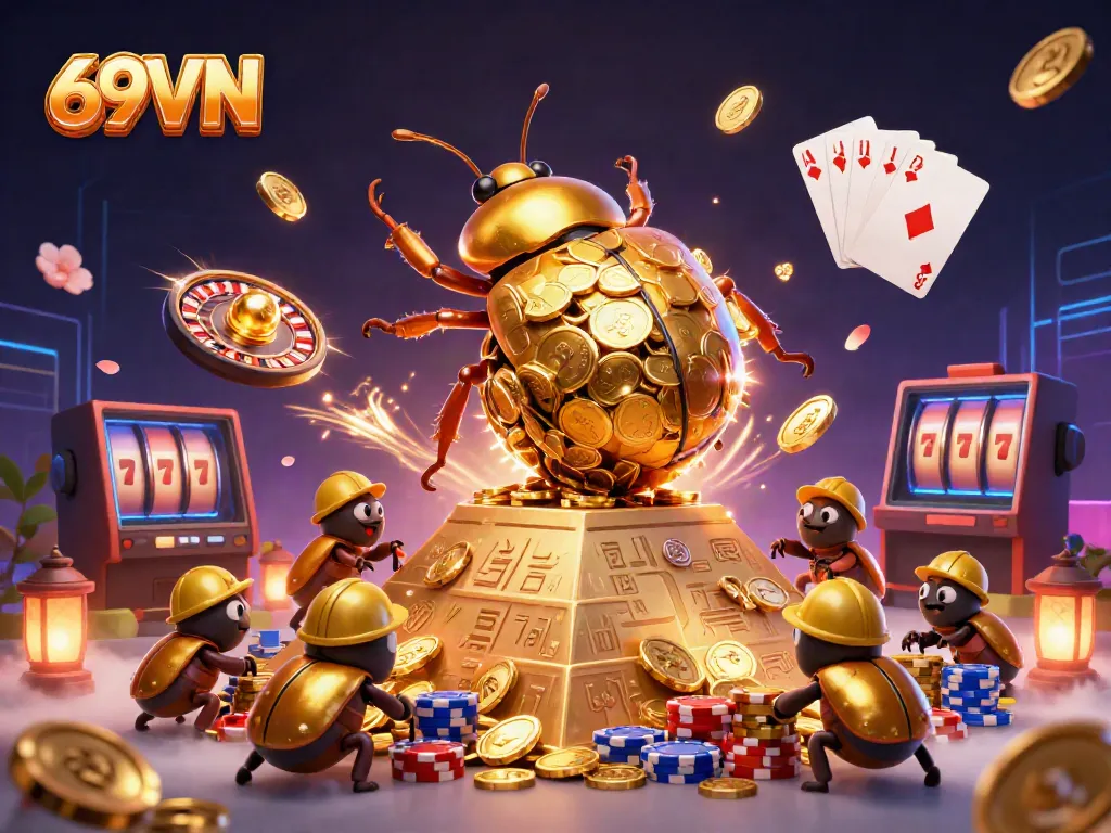 Engage with 69VN's vibrant casino world, where a golden dung beetle symbolizes the joy of winning!