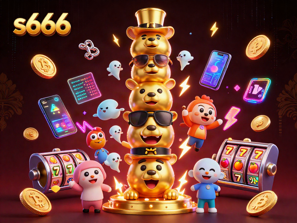 Play slots on s666 with a vibrant scene featuring a golden totem pole and crypto elements.