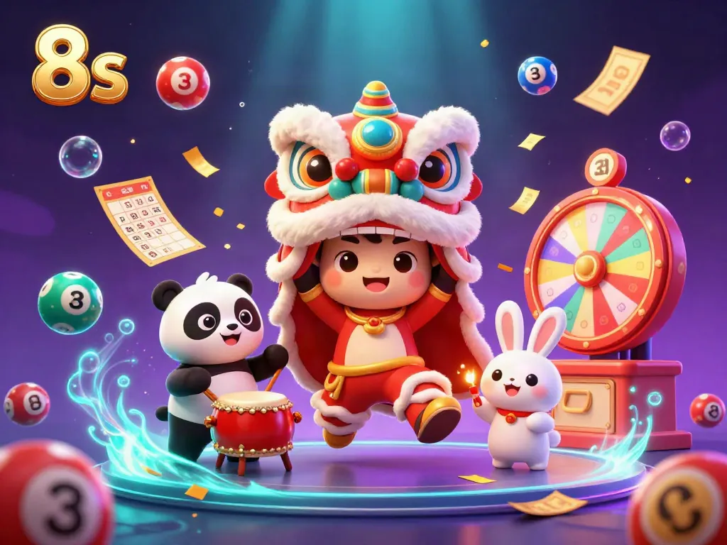 Engage with the vibrant world of 8s as the Chinese New Year lion dance entertains alongside dynamic game elements in this lively casino scene.