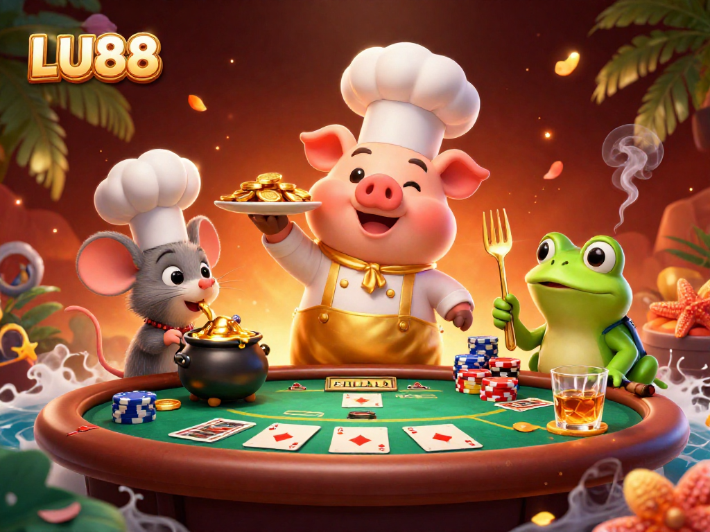 Experience the excitement of LU88 with a vibrant poker-themed illustration featuring lively characters.