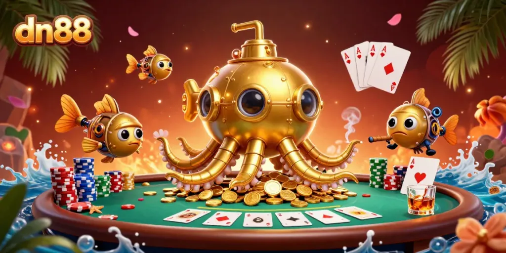 Engage with dn88 in a vibrant casino scene featuring a kraken and poker elements.