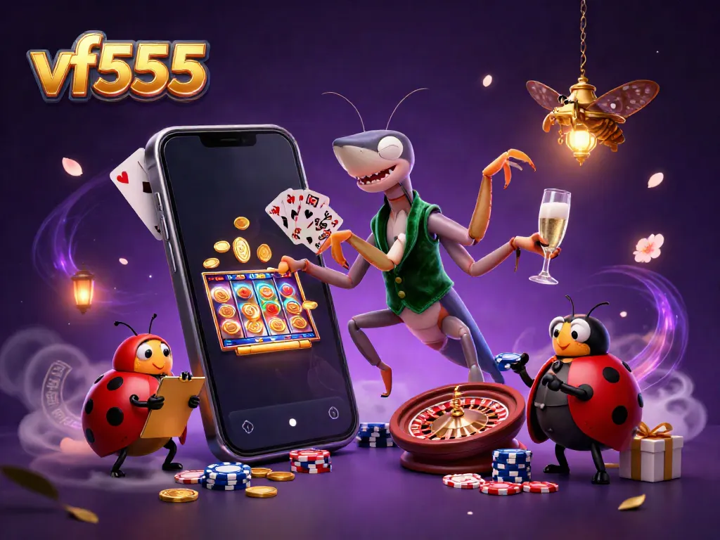Join the vibrant vf555 casino scene with a giant mantis card sharp dealing cards and a colorful slot game.
