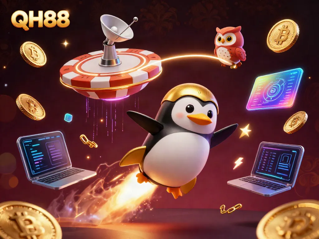 Experience the excitement of QH88 with a golden penguin soaring through a vibrant cosmic casino.
