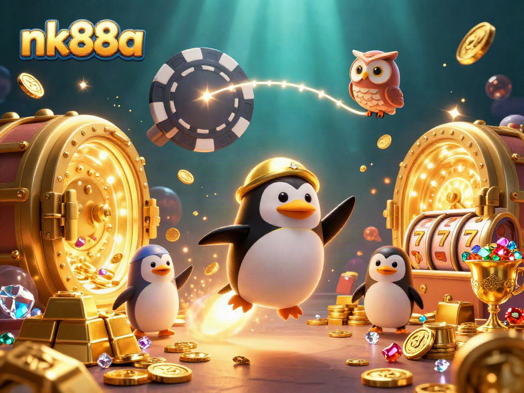 Spin for big wins at nk88a with our lively casino-themed illustration featuring a golden penguin!