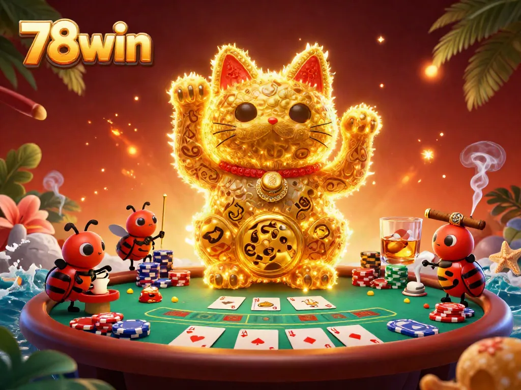 Engage in thrilling casino action at 78win with a unique luck-enhancing scene of a giant lucky cat and poker elements.