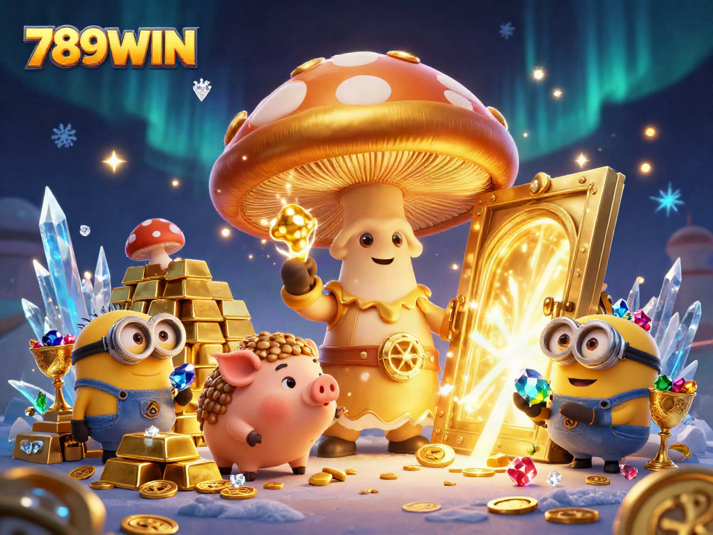 Experience the magic of 789WIN with golden treasures and enchanting characters in a vibrant casino scene.
