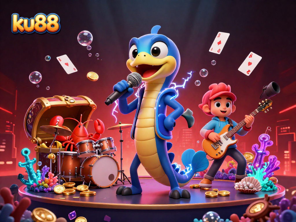 Join the electric eel DJ at the ku88 underwater casino stage, surrounded by vibrant gambling elements!