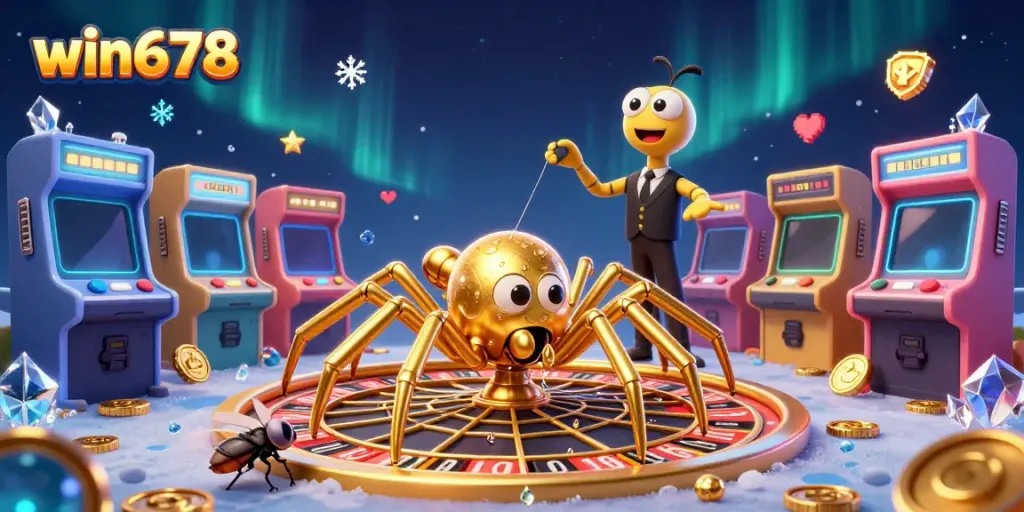 Place bets at win678 with a dynamic 3D illustrated casino scene featuring colorful game elements.