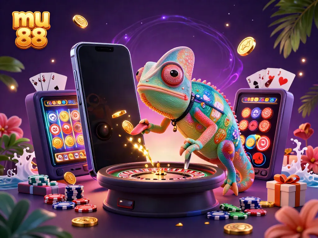 Experience big wins with mu 88 in this vibrant online casino illustration featuring a lively chameleon.