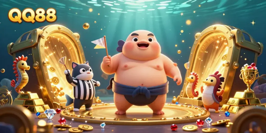 Experience the excitement of QQ88 with a lively underwater casino scene featuring a sumo fugu and treasures.